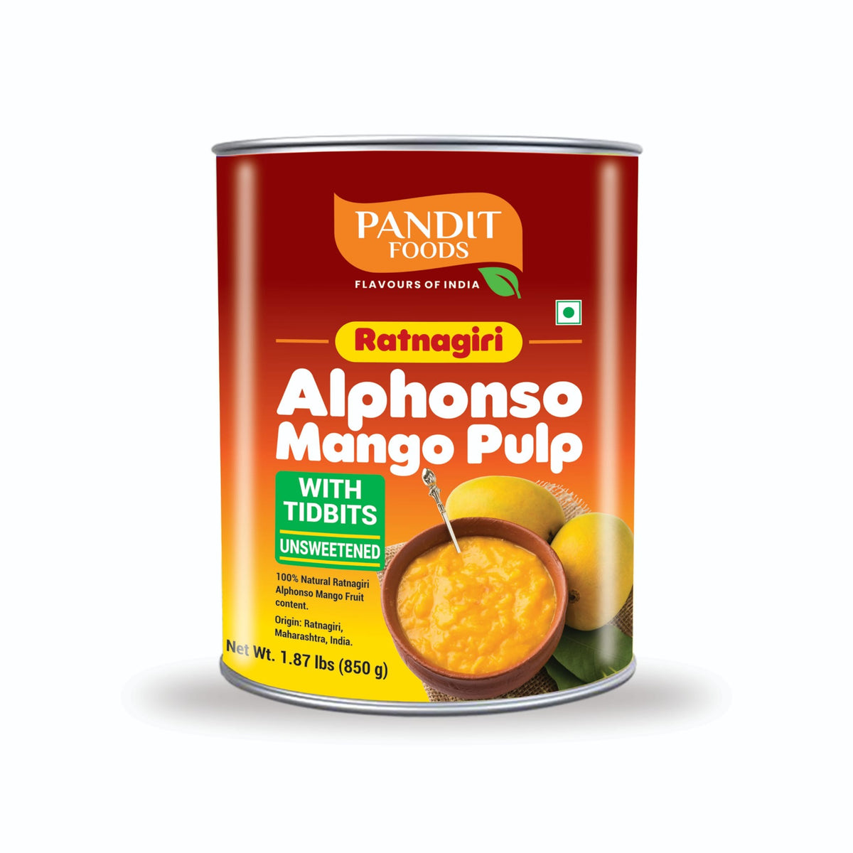 Pandit Foods Ratnagiri Alphonso Mango Pulp With Tidbits Unsweetened (850 gm)