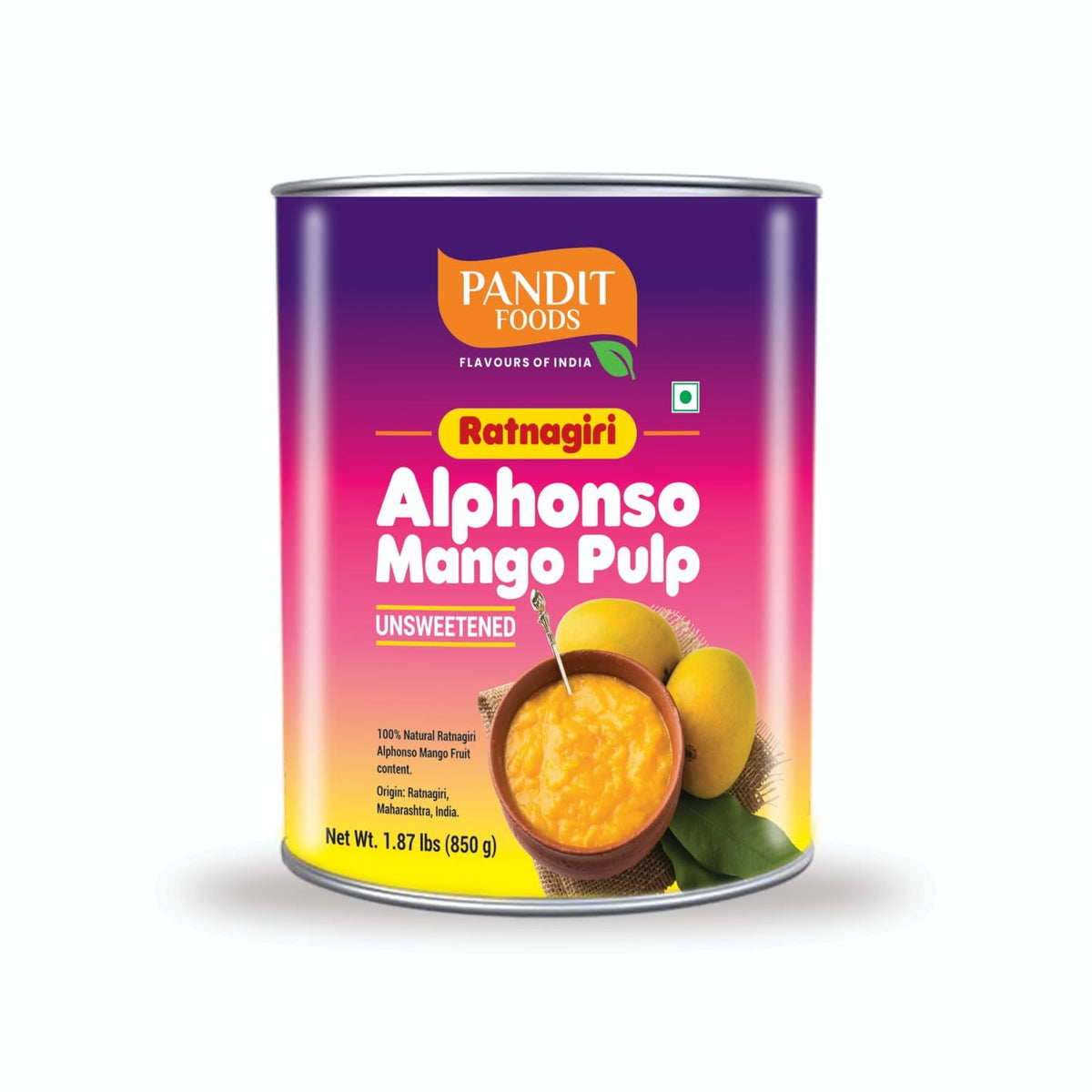 Pandit Foods Ratnagiri Alphonso Mango Pulp Unsweetened (850 gm)